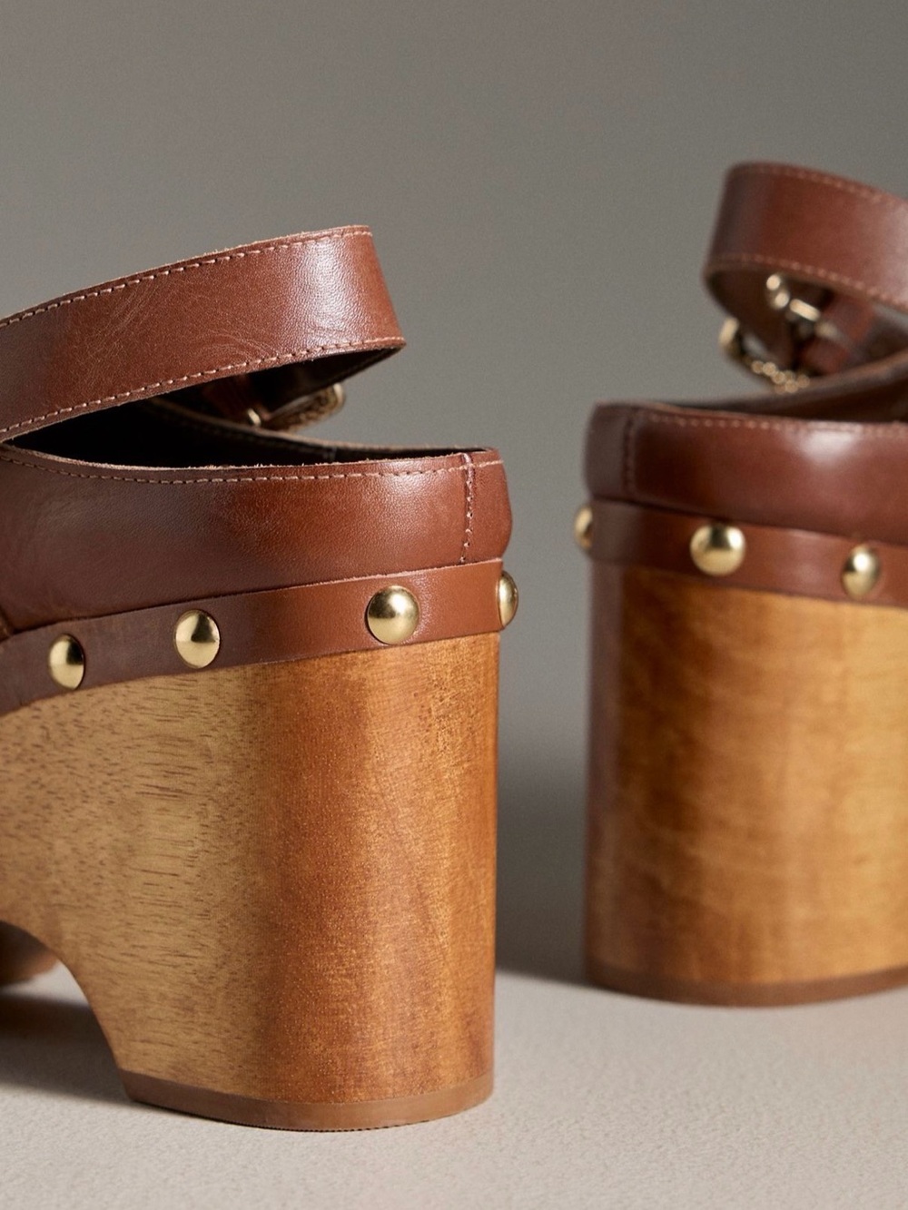 Dolce Vita Adelan Brown Leather Wood Bottom Studded Clog Platform Heels NWB - Picture 3 of 9